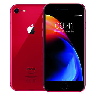 iPhone 8 in rode uitvoering, voor- en achterkant zichtbaar