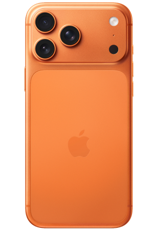 Achterkant van de Apple iPhone 17 Pro Max in Cosmic Orange met drievoudig camerasysteem.