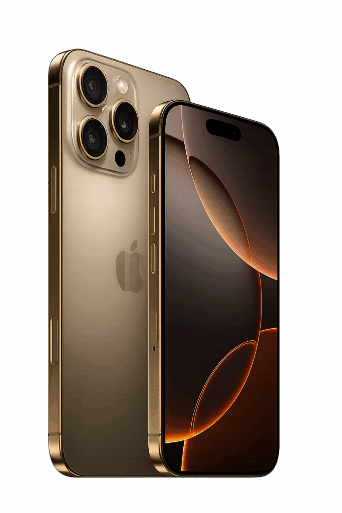 iPhone 16 Pro Max in goud met drievoudige camera en Dynamic Island-scherm met warme oranje tinten.