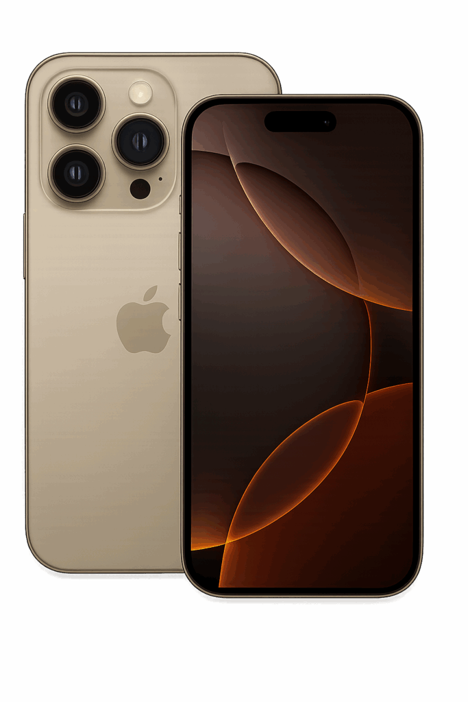 iPhone 16 Pro in goud, met drievoudige cameraset en Dynamic Island-scherm met warme oranje gloed.